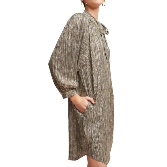 Sabina Musayev for Anthropology Gold Foil Long Sleeve Sheath Dress. Size XS - Picture 2 of 13
